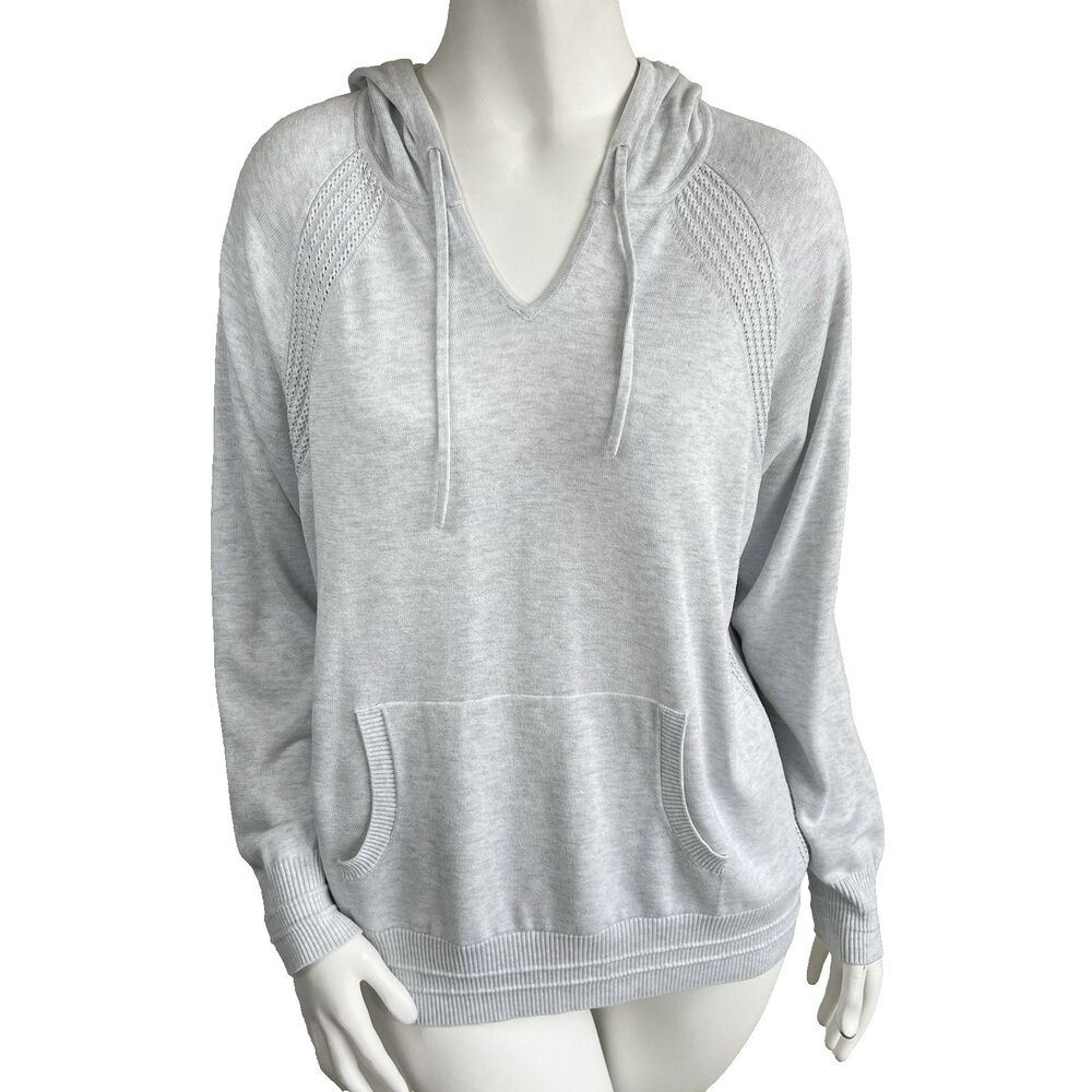 Athleta Evergreen Sweater Hoodie Womens L Gray High Low‎ Hem Raglan Sleeves